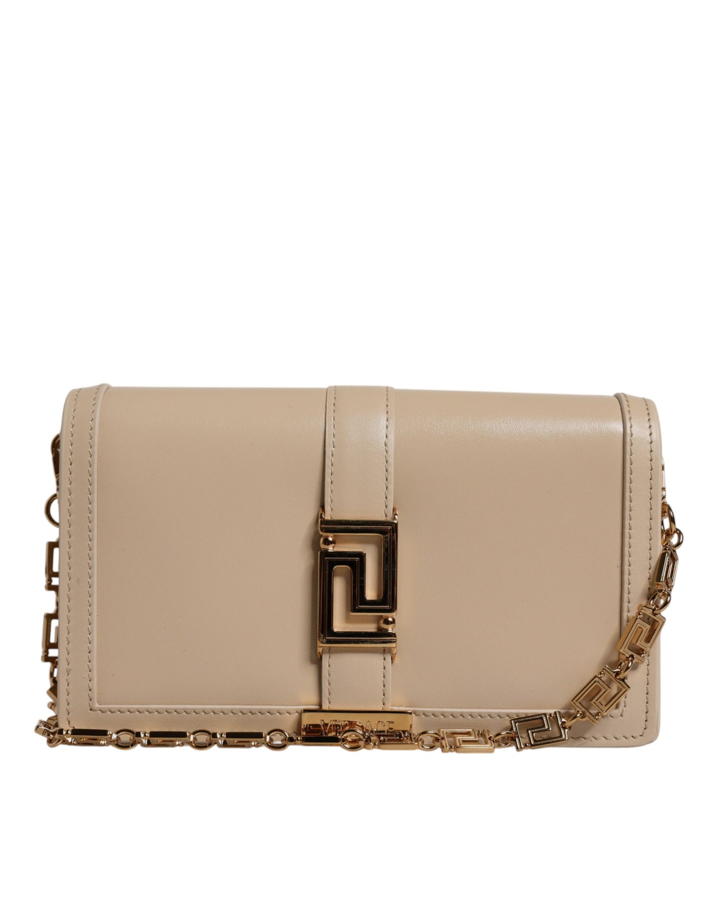 Versace Beige Gold Chain Calf Leather Wallet Crossbody Bag