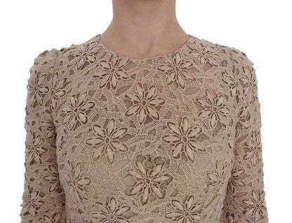 Dolce & Gabbana Beige Floral Lace Long Sleeve Maxi Dress