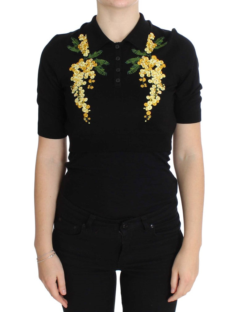 Dolce & Gabbana Elegant Black Silk Floral Polo Top