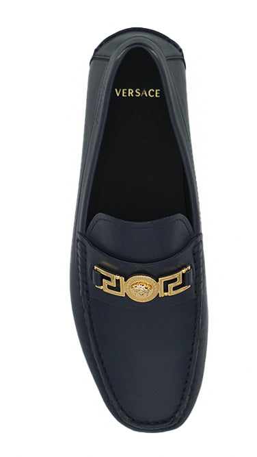 Versace Elegant Navy Blue Calf Leather Loafers