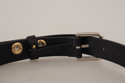 Chic Black Leather Belt with Engraved Buckle