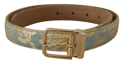 Elegant Light Blue Leather Belt with Gold Buckle