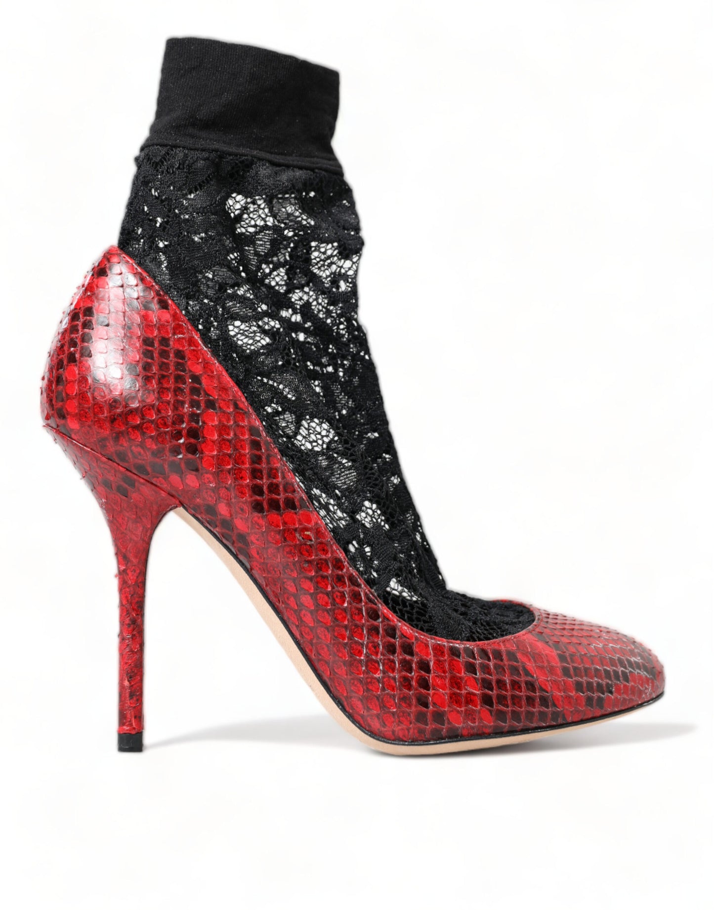 Dolce & Gabbana Red Almond Toe Snakeskin Pumps with Lace Socks