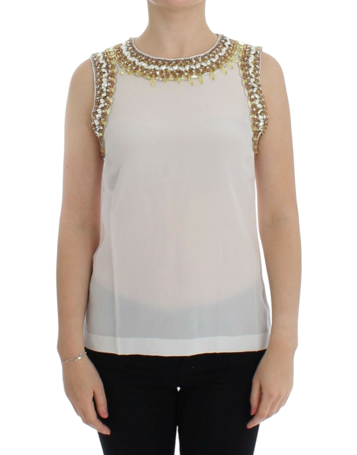 Dolce & Gabbana Elegant Sleeveless Silk Blouse with Crystal Embellishment