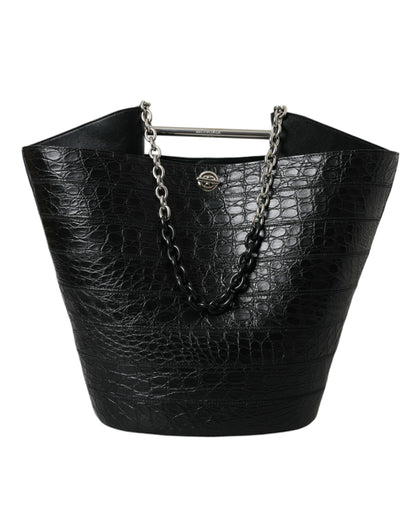 Elegant Black Crocodile Leather Maxi Bucket Bag