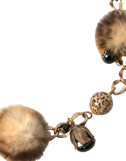 Gold Brass Leopard Fur Pearl Collier Chain Belt