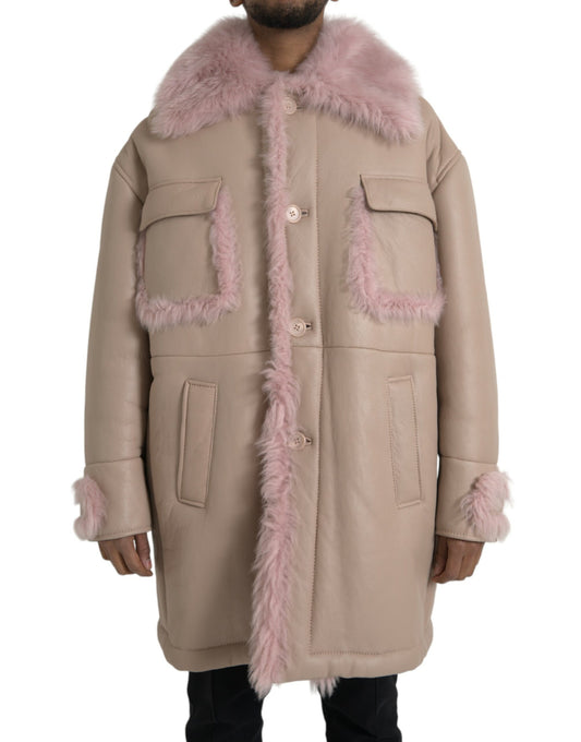 Dolce & Gabbana Beige Pink Lamb Leather Shearling Coat Jacket