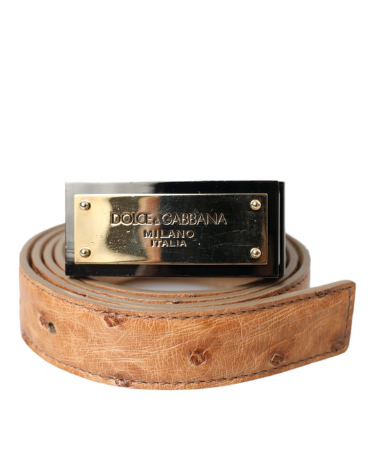 Beige Leather Gold Logo Engraved Buckle Belt