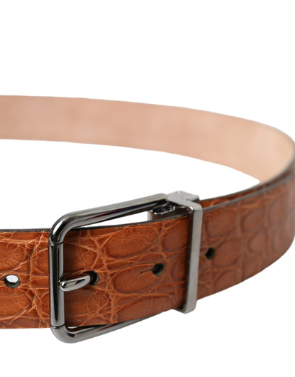 Brown Exotic Leather Silver Metal Buckle Belt