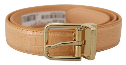 Beige Exotic Leather Gold Metal Buckle Belt