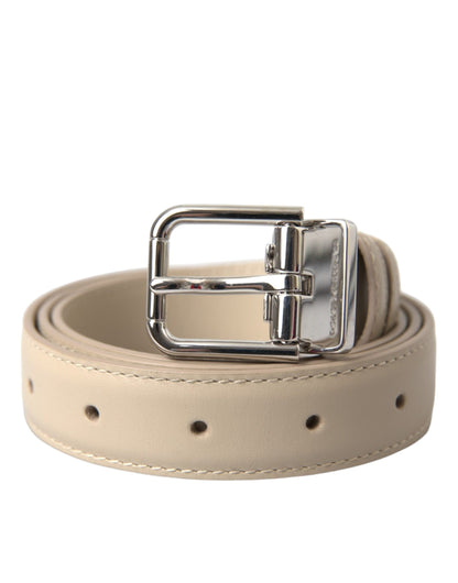 Beige Calfskin Leather Silver Metal Buckle Belt