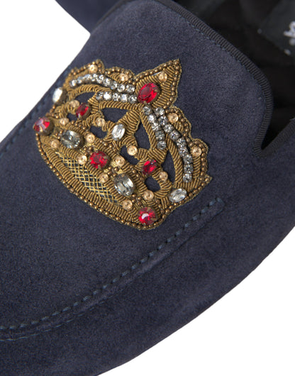 Dolce & Gabbana Blue Leather Suede Crystal Crown Loafers Shoes