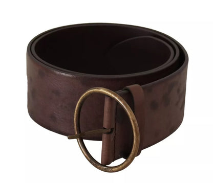 Dark Brown Wide Calf Leather Logo Round Buckle Belt