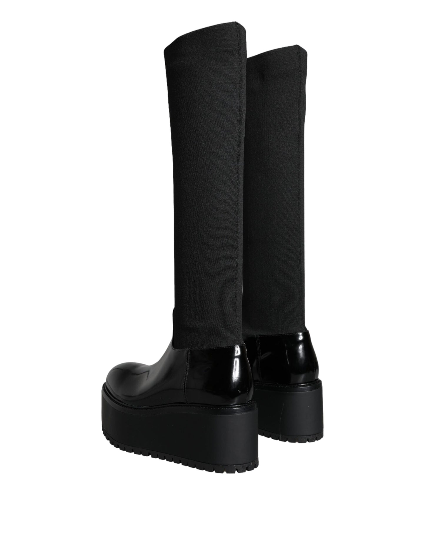 Dolce & Gabbana Black Leather Jersey Knee High Boots Shoes