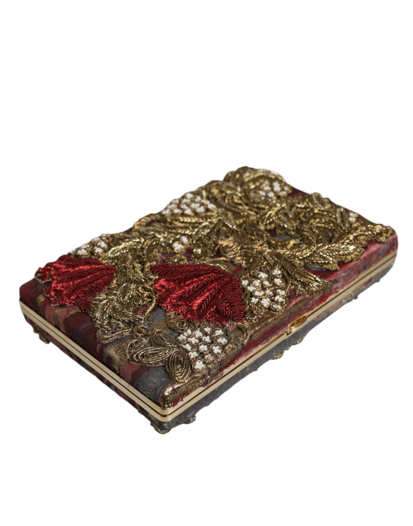 Maroon Gold Floral Jacquard Gold Frame Clutch Evening Purse Bag