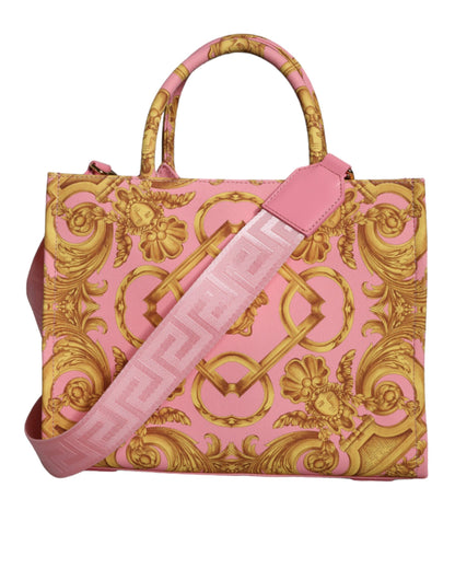 Pink Yellow Baroque Fabric Leather Shopping Tote Bag