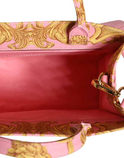 Pink Yellow Baroque Fabric Leather Shopping Tote Bag