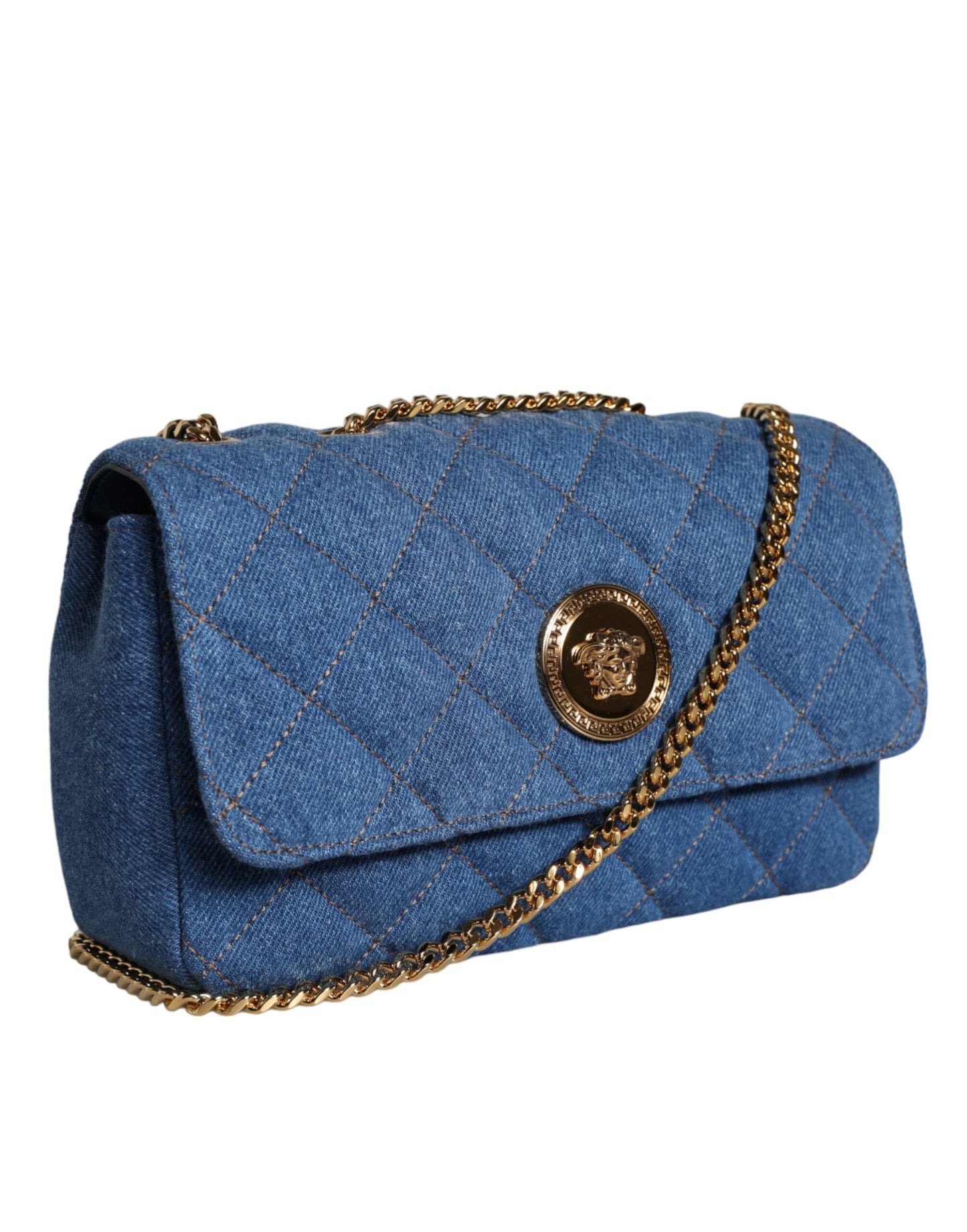 Blue Quilted Denim Leather Crossbody Shoulder Bag