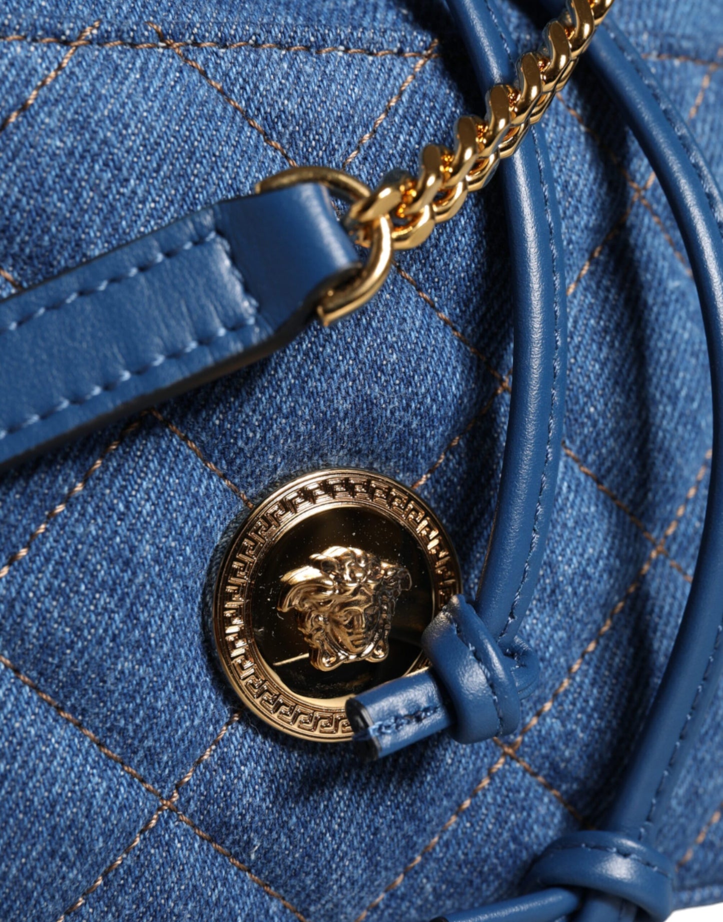 Blue Quilted Denim Leather Crossbody Shoulder Bag