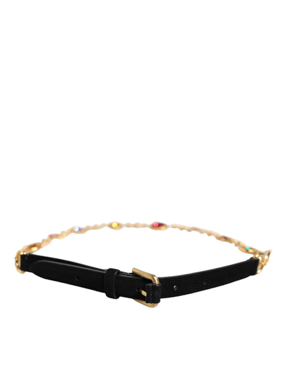 Black Leather Gold Brass Crystal Chain Waist Belt