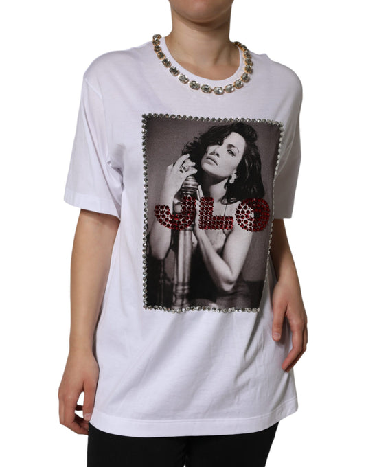 Dolce & Gabbana White Crystal Neckline Embellished Printed T-shirt