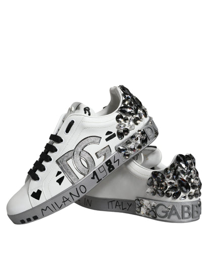 Dolce & Gabbana White Silver Crystal Logo Portofino Sneakers Shoes