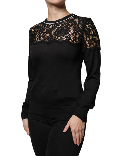 Dolce & Gabbana Black Floral Lace Silk Pullover Blouse Top