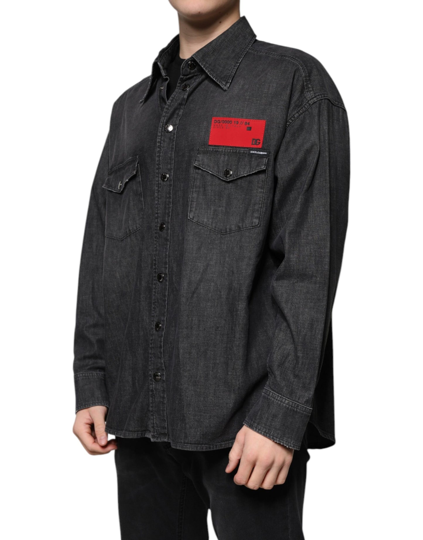 Dolce & Gabbana Black Logo Cotton Button Down Denim Shirt