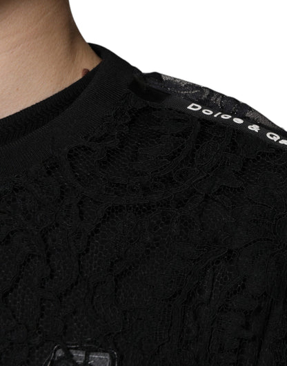 Dolce & Gabbana Black Nylon Floral Lace Crew Neck T-shirt