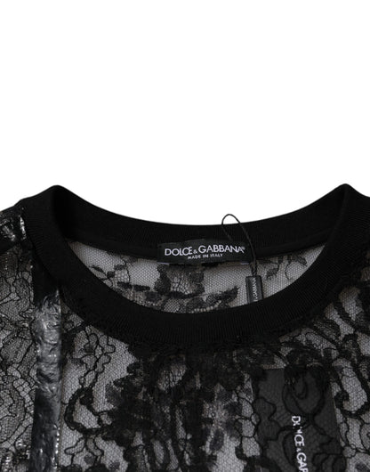 Dolce & Gabbana Black Nylon Floral Lace Crew Neck T-shirt