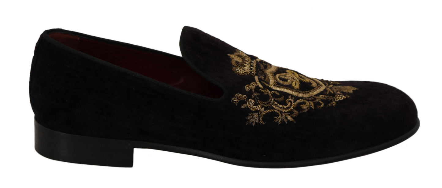 Dolce & Gabbana Elegant Black Loafers with Gold Crown Embroidery